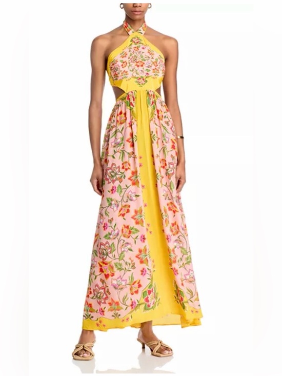 FARM Rio Dresses & Skirts - FARM Rio Pink Floral Halter Maxi with Yellow Panels